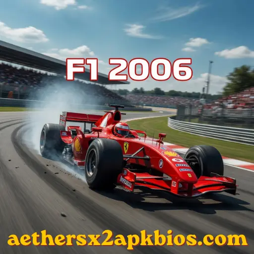 Formula 1 racing car speeding on a professional track from the game F1 2006.