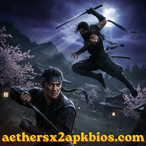 Rikimaru the ninja crouched on a traditional Japanese rooftop under a full moon.