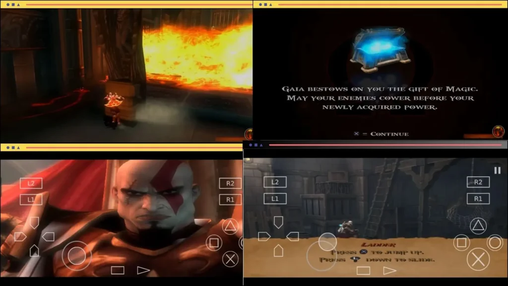 download God of War 2 gameplay on Android featuring the AetherSX2 on-screen touch controller overlay and cinematic cutscenes.