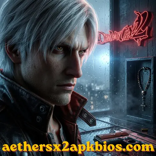AetherSX2 Games Dante standing by a rainy window with a neon logo in Devil May Cry 2.