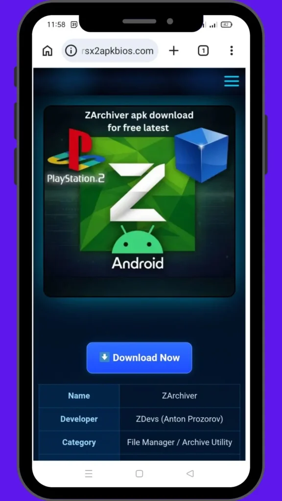 Mobile screen showing the ZArchiver APK download page with a blue download button and app specifications table.