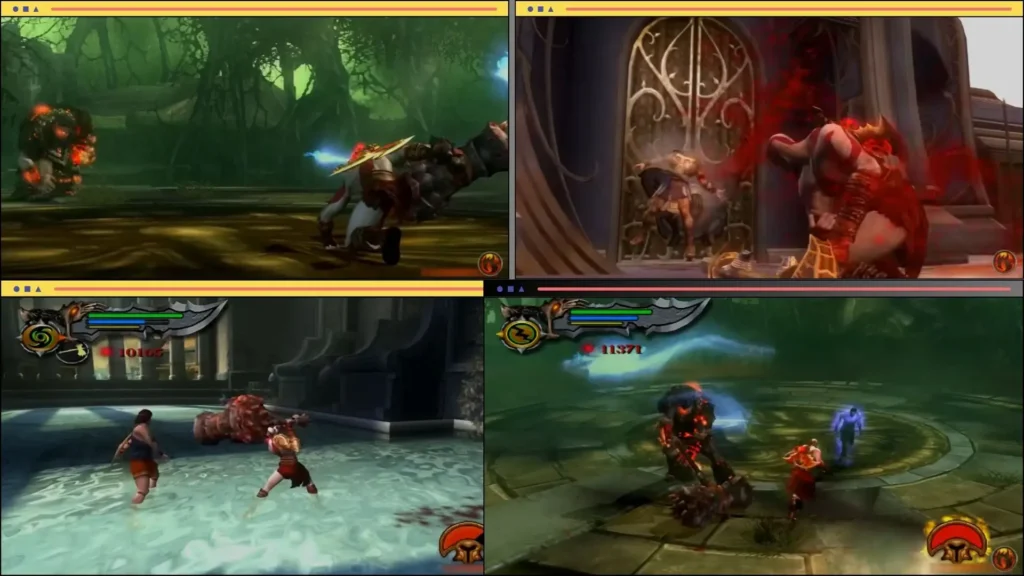 Four-panel collage of download God of War 2 combat gameplay showing Kratos fighting enemies on an Android mobile screen.