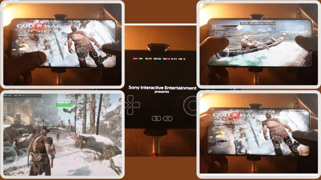 god of war android performance test aethersx2 Handheld mobile device running Download God of War with AetherSX2 emulator performance metrics and on-screen touch controls.