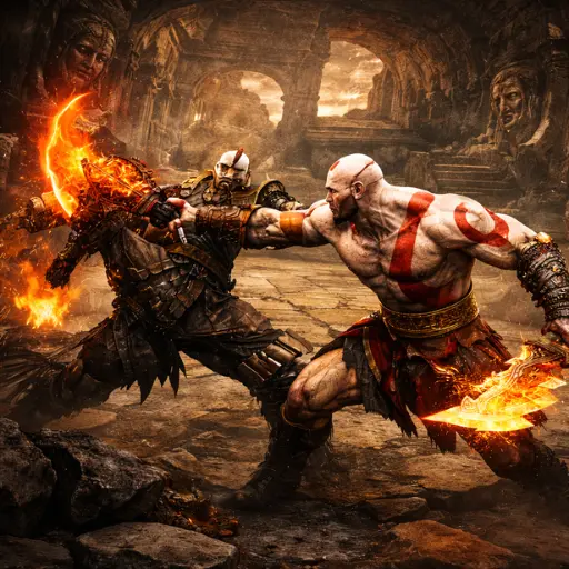 Kratos battling enemies in God of War PS2 gameplay running on Android via AetherSX2 emulator.