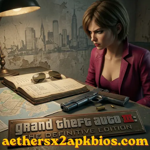 AetherSX2 Games ,A female character in a purple suit examining a map and pistol in GTA III.