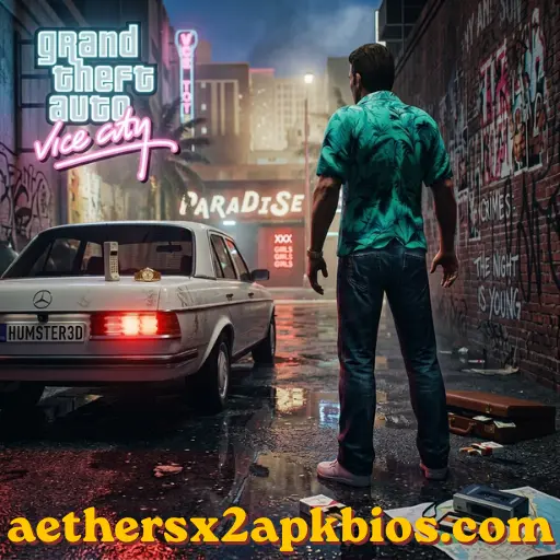 Tommy Vercetti standing in a neon-lit Vice City street next to a white car.