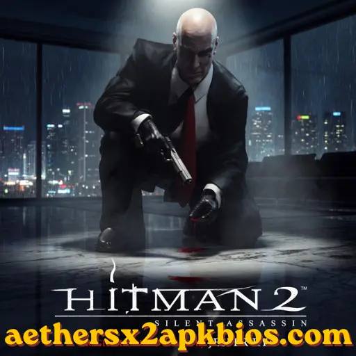 Agent 47 in a black suit and red tie walking through a snowy Russian courtyard.