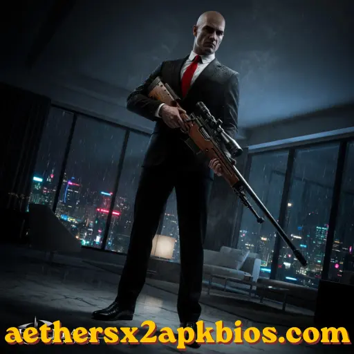 Agent 47 standing in a dark, rain-soaked alleyway with a somber atmosphere.
