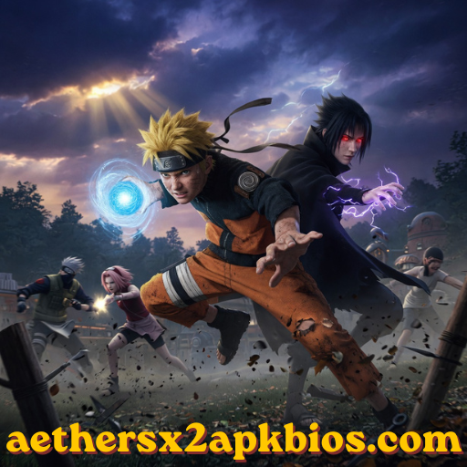 Naruto Uzumaki in action pose with hidden leaf village background from Ultimate Ninja 5.