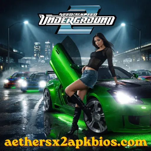Green tuned import car drifting on a wet city street in Need for Speed Underground 2.