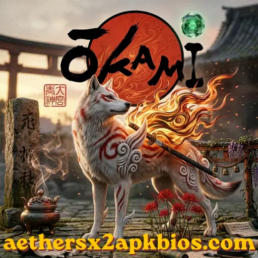 Amaterasu the sun goddess wolf in a vibrant Japanese landscape from the game Okami.