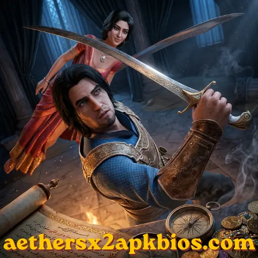 Prince of Persia wielding a sword with Farah in The Sands of Time.