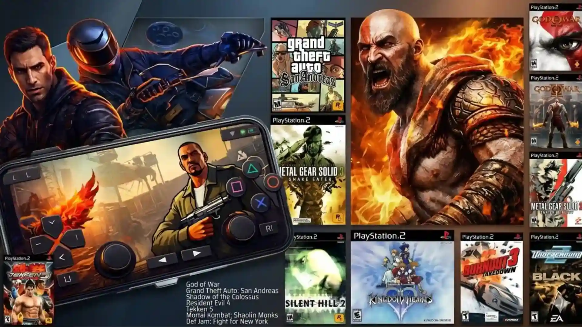 PS2 emulator interface on a smartphone featuring God of War, GTA San Andreas, and Metal Gear Solid 3.