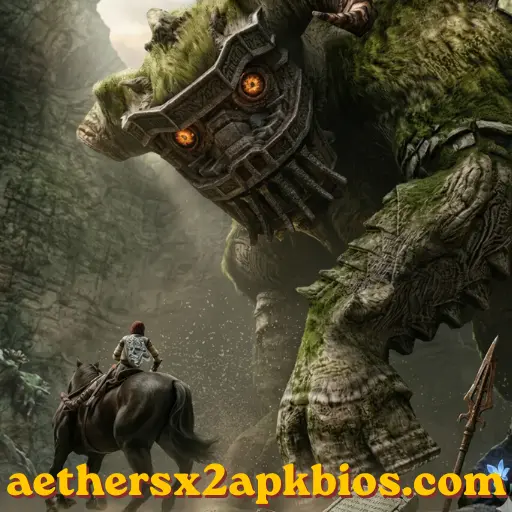 AetherSX2 Games ,Wander on horseback facing a giant moss-covered colossus in Shadow of the Colossus.