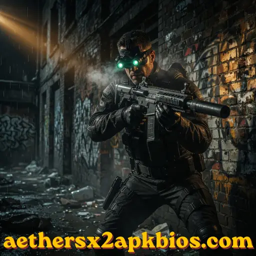 Sam Fisher using night vision goggles while hanging from a pipe in a jungle facility.