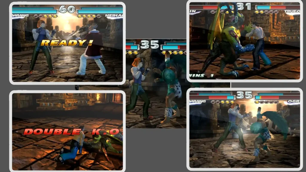 Tekken Tag Tournament PS2 gameplay screenshots on Android emulator featuring Hwoarang and Heihachi in combat.