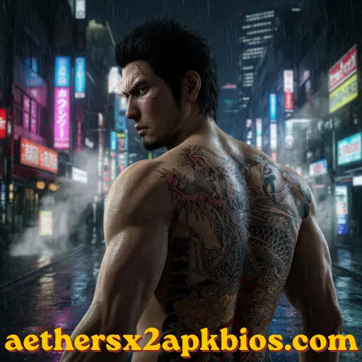 Kazuma Kiryu standing in the neon-lit streets of Kamurocho ready for a street brawl.