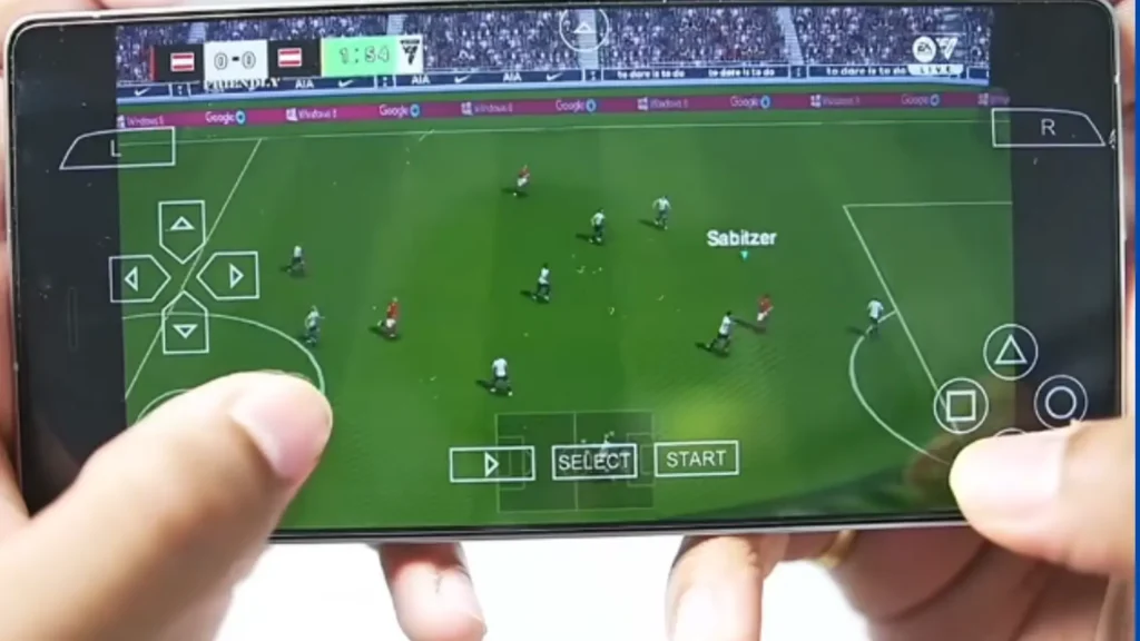 FIFA football game running on AetherSX2 iOS emulator on a large screen iPhone with transparent on-screen button overlays.