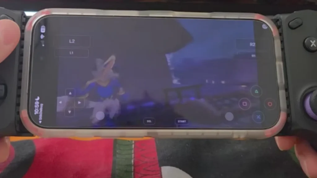 AetherSX2 iOS gameplay on an iPhone docked into a Backbone-style physical handheld controller playing an action RPG game.