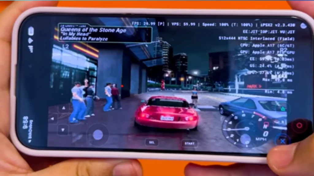Need for Speed Most Wanted running on AetherSX2 for iOS with a technical performance overlay showing 60 FPS and 100% speed on an iPhone.