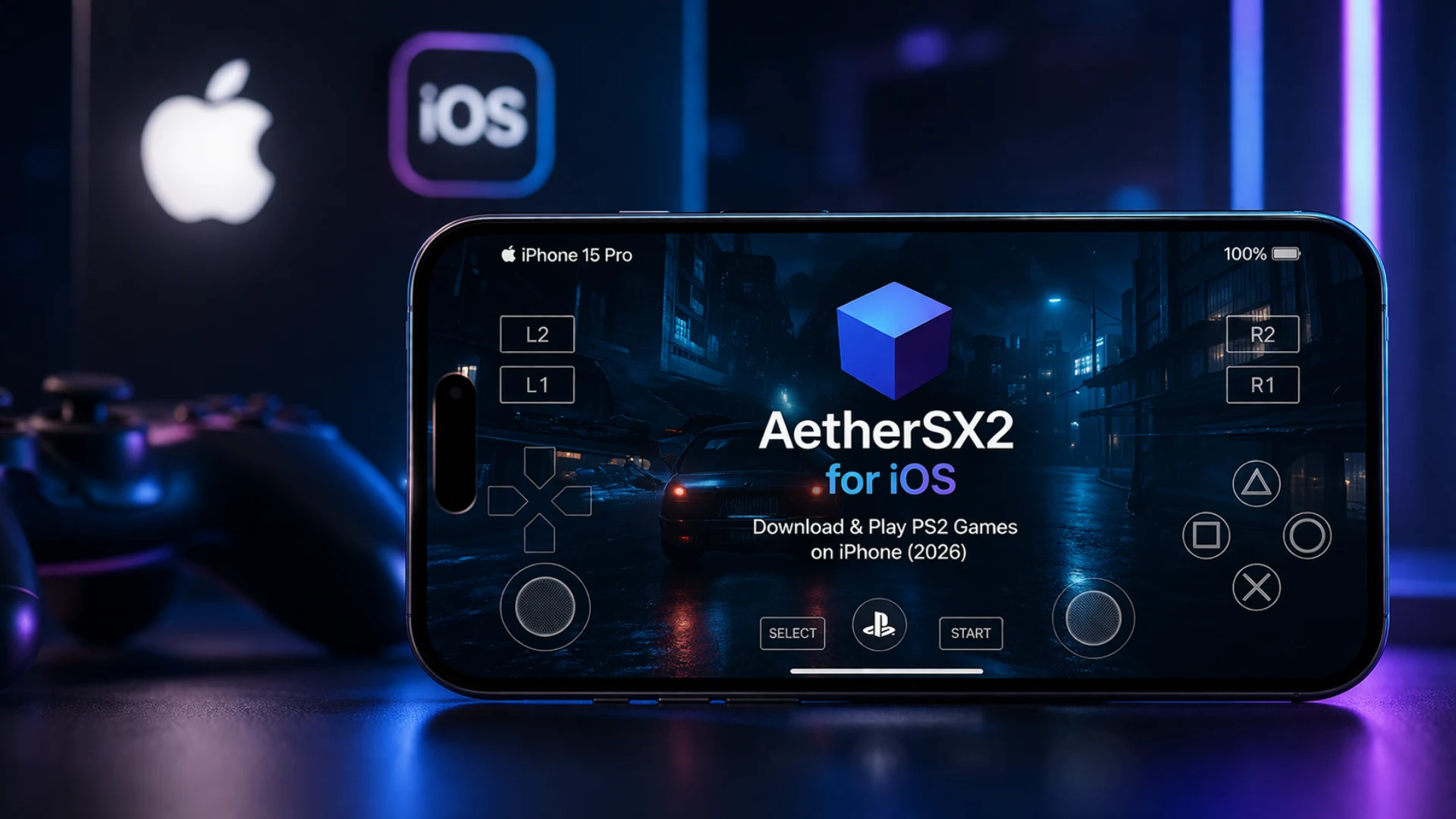 AetherSX2 for ios PS2 emulator running on an iPhone 15 Pro showing on-screen controller buttons and a racing game.