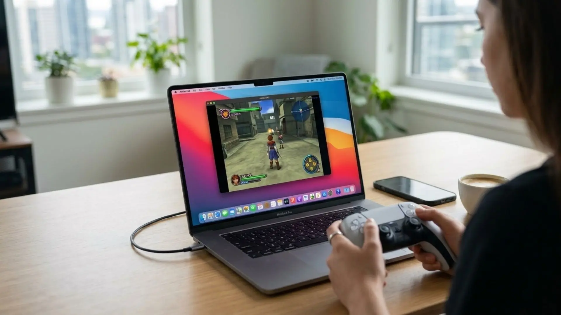 A person using a modern PS5 controller to play an upscaled PS2 game on a MacBook Pro running AetherSX2 for MAC.