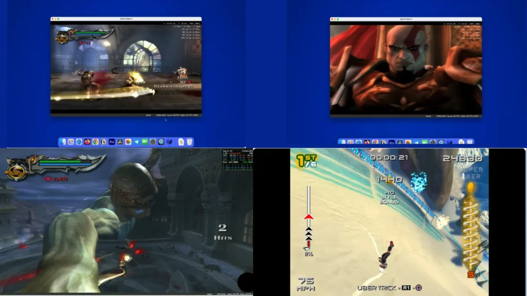 Composite image showing AetherSX2 for MAC running diverse PS2 games on macOS, highlighting stable performance and Metal API compatibility.