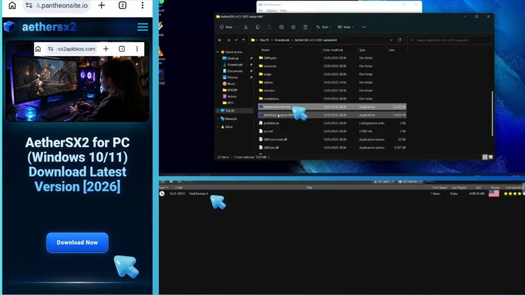 Step by step guide to downloading AetherSX2 for PC and launching the emulator application.