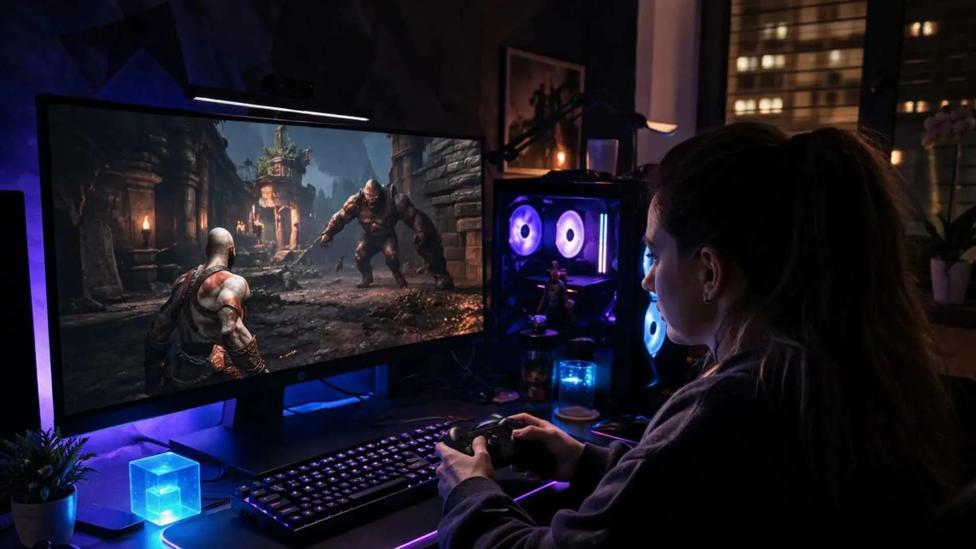 Cinematic PC gaming setup showing a high-performance PlayStation 2 emulator running on a desktop monitor