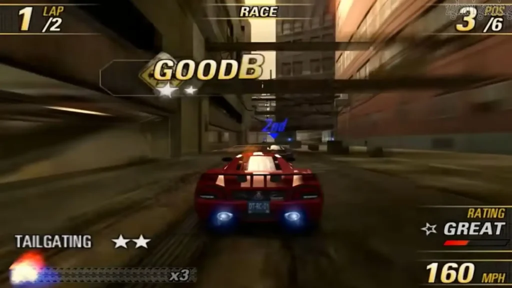 Fast-paced racing gameplay on Windows 11 showing upscaled graphics and motion effects.