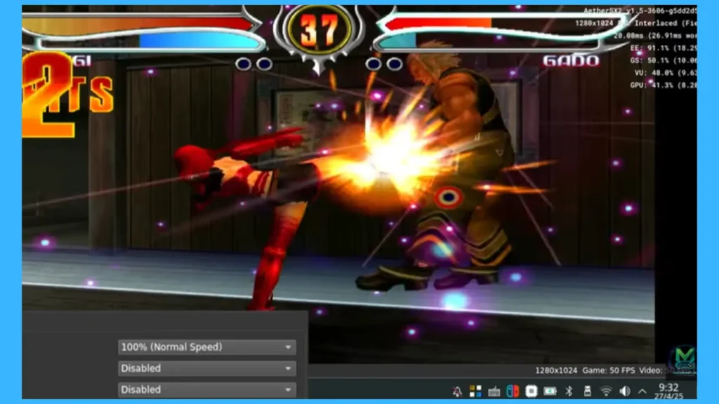 A high-action combat scene from Bloody Roar 3 showing AetherSX2 Linux performance settings and FPS counter.