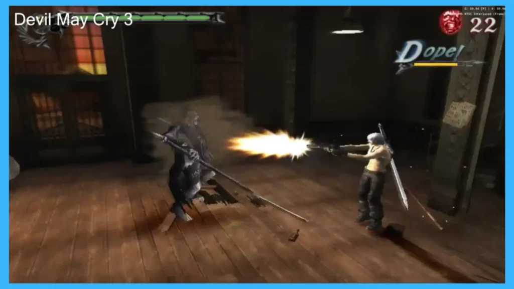 Dante in Devil May Cry 3 gameplay captured from  AerherSX2 For Linux PS2 emulator on an Ubuntu system.