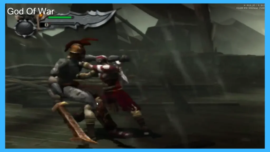 Kratos fighting enemies in God of War using AetherSX2 emulator on Linux ARM64 architecture.