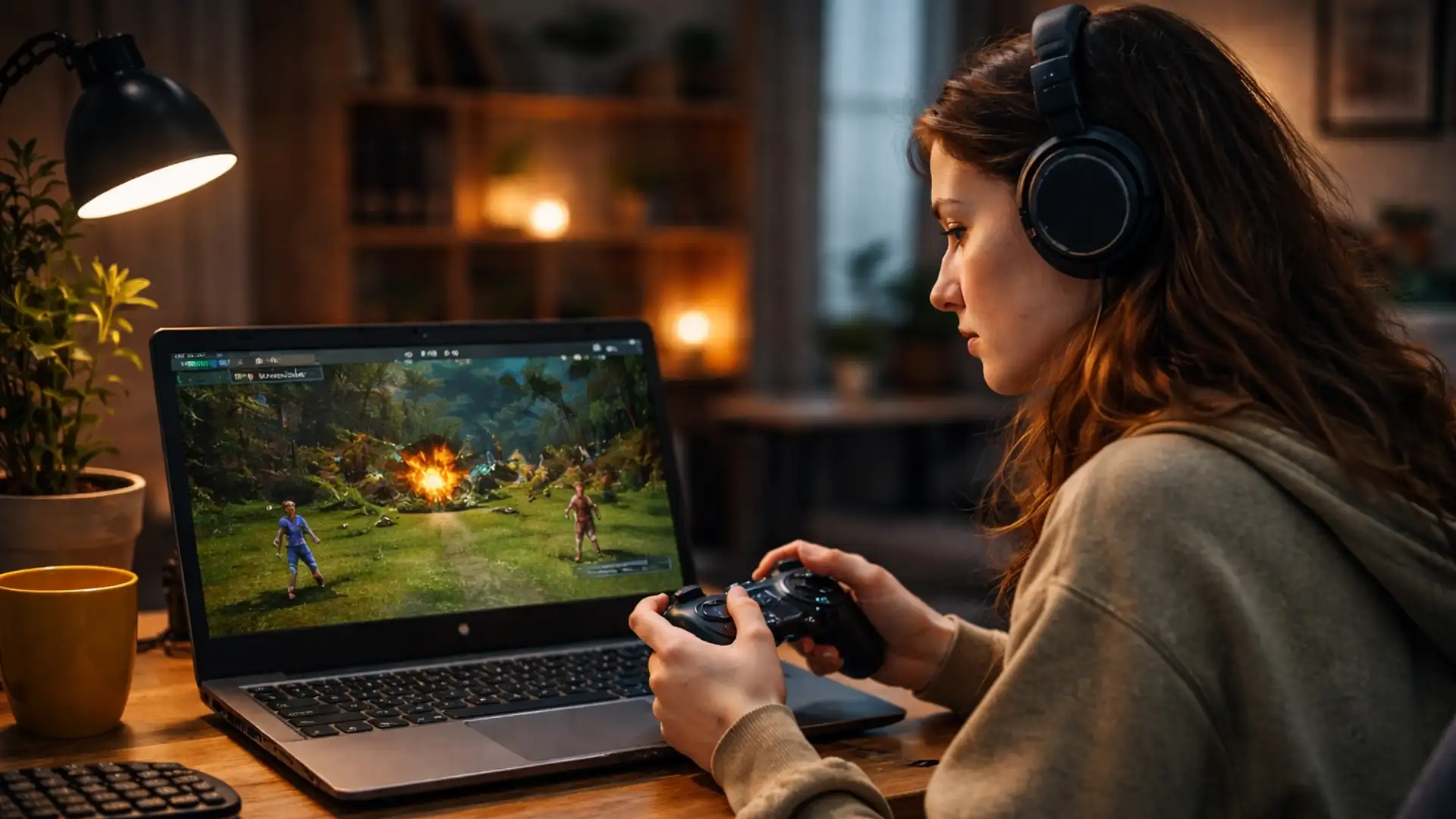 A girl using a controller and headphones to play a PS2 game on a Linux laptop setup using the AetherSX2 emulator.